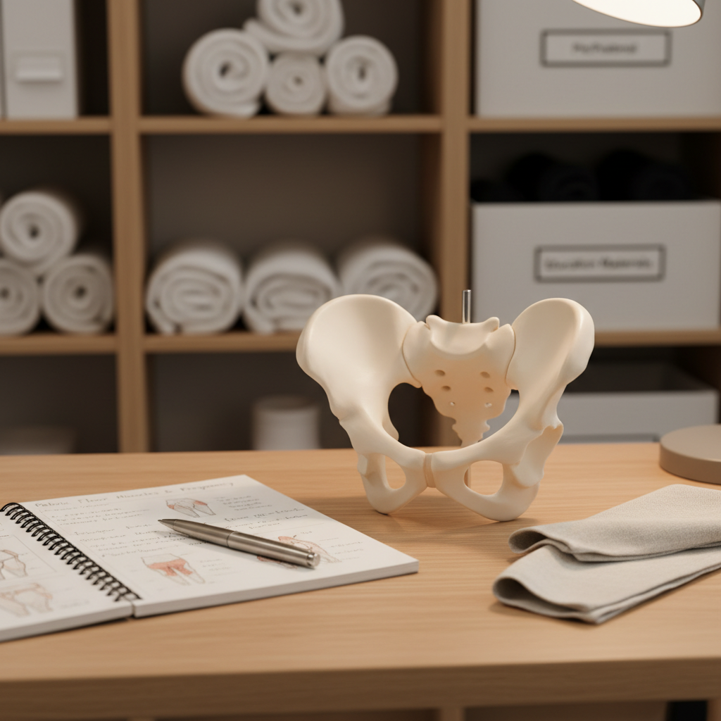 A close-up of a detailed, ivory-colored anatomical pelvis model made of matte plastic sits on a smooth, light oak desk, accompanied by a neatly arranged open notebook, a silver pen, and a folded linen cloth. The background shows softly blurred shelves containing rolled towels and labeled storage boxes, evoking an organized pelvic health studio. Soft overhead daylight combined with a warm desk lamp creates balanced, even lighting with gentle highlights along the model’s contours. Shot in photographic realism with a slightly elevated angle and moderate depth of field, the composition feels clinical yet welcoming, emphasizing education and professionalism in pelvic floor physical therapy for pregnancy, postpartum, and persistent pelvic pain.