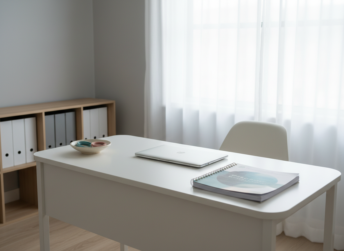 A minimalist consultation space featuring a clean white desk with rounded corners, a closed silver laptop, and a thick, spiral-bound pelvic health exercise manual with a subtle, tasteful cover design is positioned near a large window with sheer white curtains. On the desk rests a single, small ceramic dish holding resistance bands in muted teal and blush tones. The room has soft gray walls and a light wood floor, with a discreet bookshelf in the background containing neatly arranged binders. Natural daylight filters in, creating a soft, even illumination and faint shadows. Photographic realism, framed using the rule of thirds and a slightly wide angle, conveys a professional, organized, and approachable atmosphere for remote or in-person pelvic floor therapy guidance.