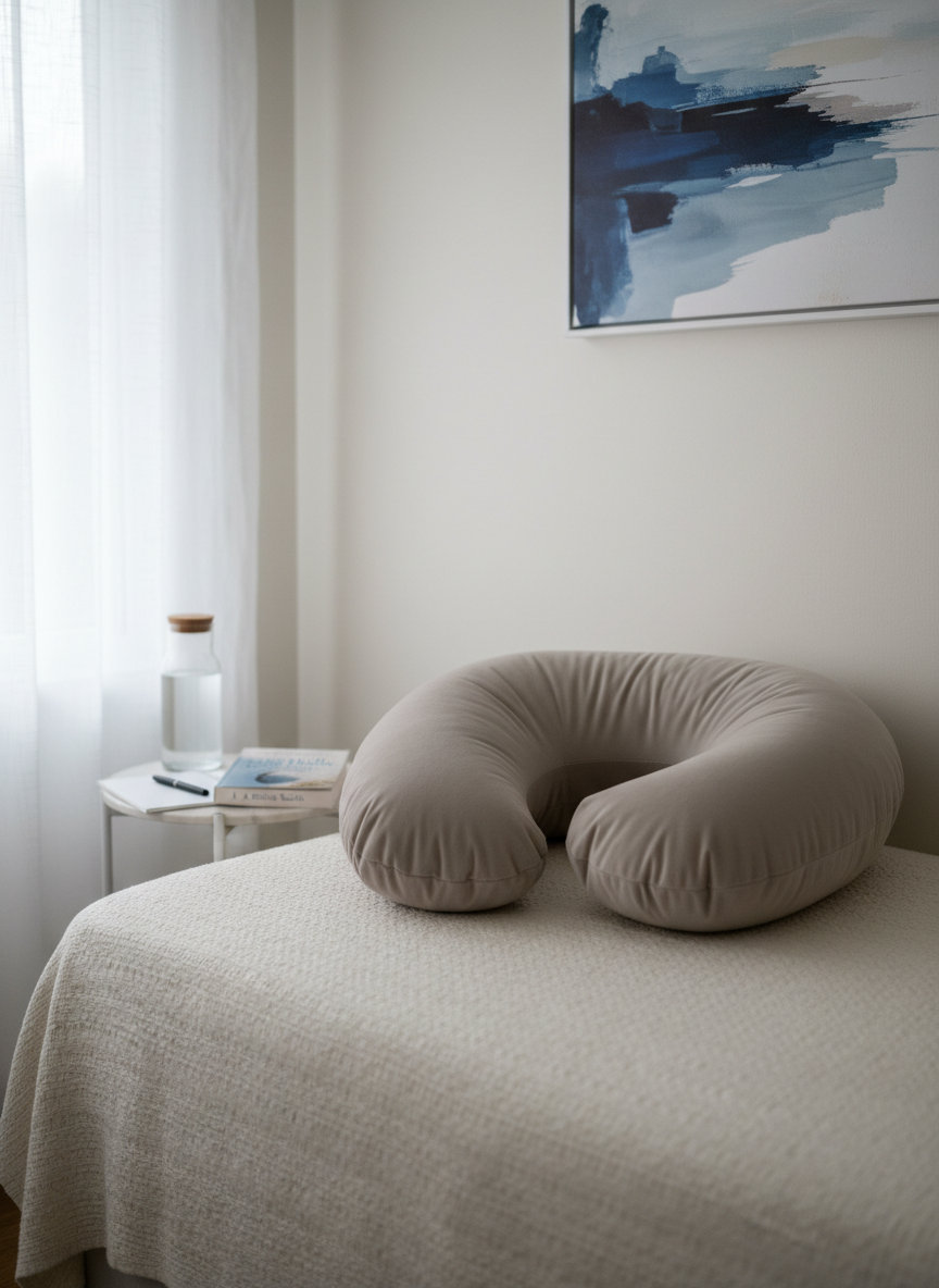 A serene postpartum recovery setting shows a neatly made daybed with a textured, cream-colored blanket and a supportive, U-shaped body pillow in a soft taupe fabric, arranged near a small side table. On the table sits a glass carafe of water, a minimalist notepad, and a subtle pelvic health exercise guide with a simple, tasteful cover. The background features a neutral wall with a single abstract art print in soothing blues and grays. Gentle morning light filters through sheer curtains, bathing the scene in a soft, diffused glow. Photographic realism, framed at eye level with a shallow depth of field, emphasizes rest, healing, and professional support for postpartum pelvic floor recovery without showing any people.