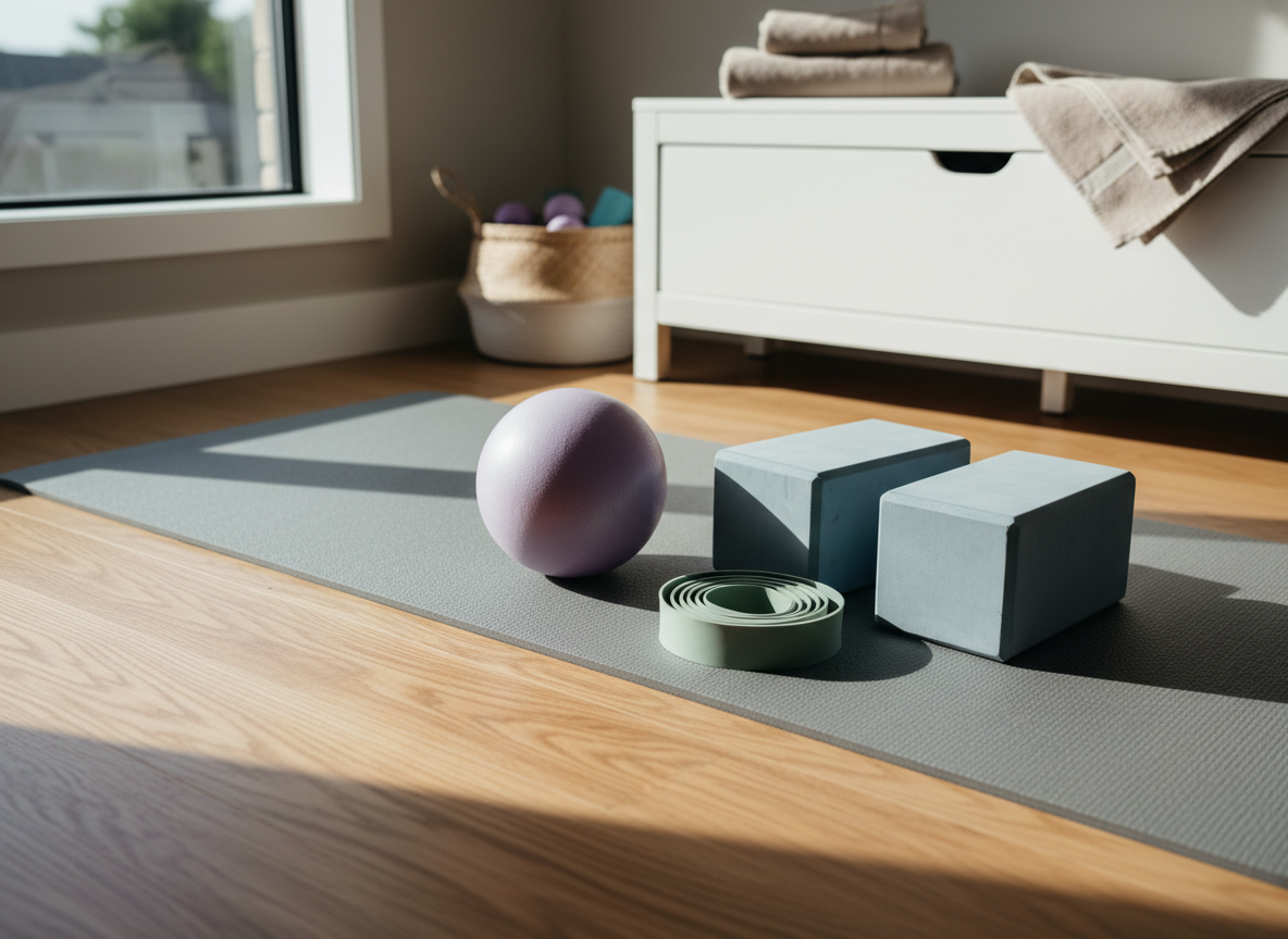 An inviting exercise corner in a pelvic health clinic shows a thick, dove-gray exercise mat laid out on a warm oak floor, beside a low, white storage bench. On the mat rests a small, air-filled Pilates ball in muted lavender, a pair of soft foam yoga blocks in stone blue, and a neatly coiled light-resistance band in sage green. The bench holds folded neutral-toned towels and a discreet basket for equipment. Natural afternoon light pours in from a side window, casting long, gentle shadows and a serene glow. Photographic realism, captured from a low, three-quarter angle, highlights the textures and contours of the equipment, creating a calm, supportive, and non-intimidating environment for pelvic floor strengthening exercises related to pregnancy and postpartum recovery.