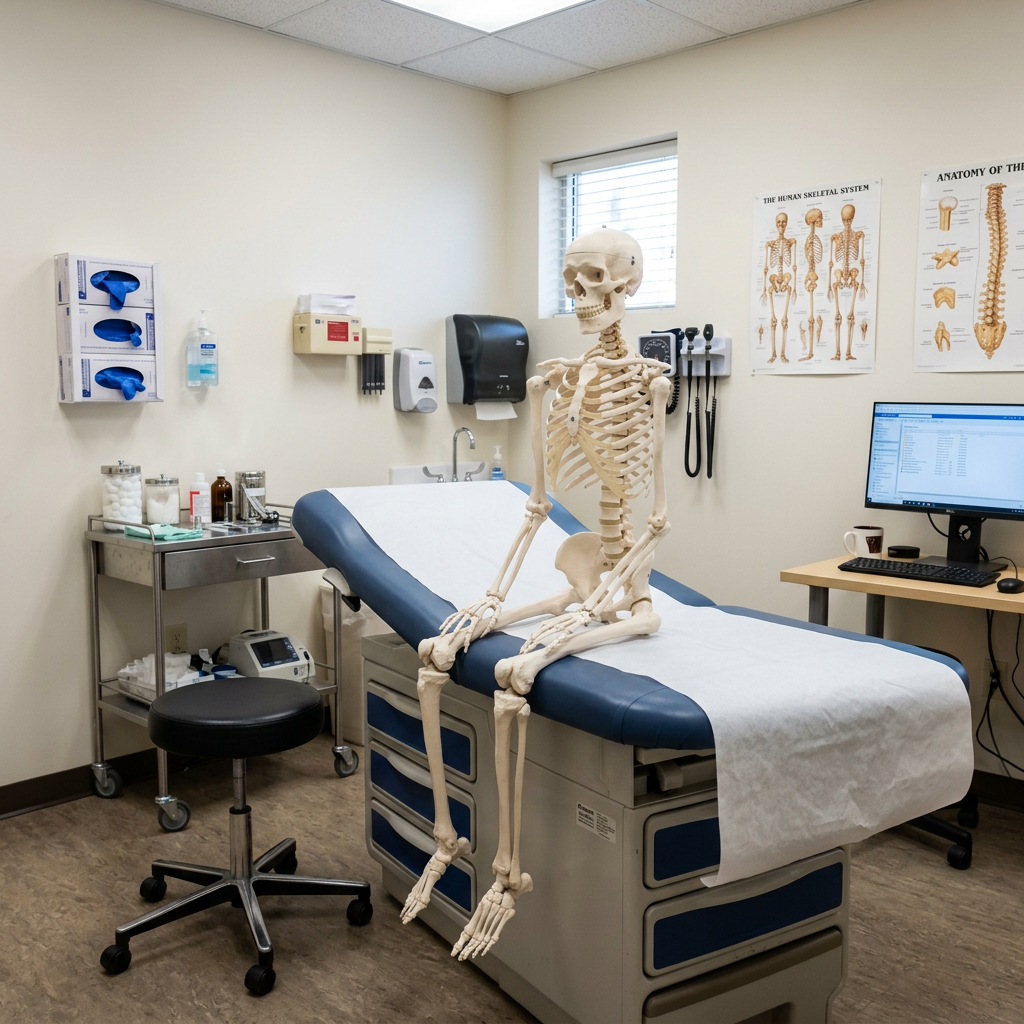 Anatomical skeleton model seated on a medical examination table
