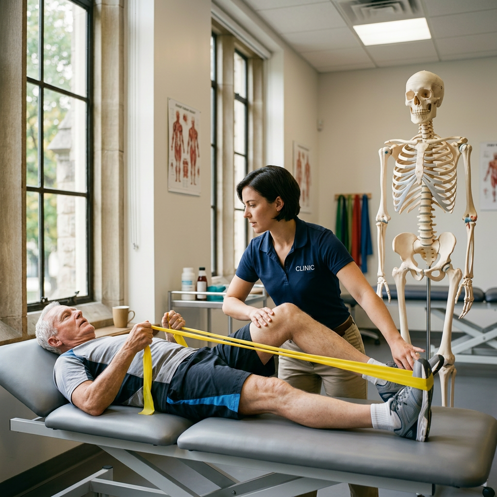 Elderly man doing leg exercises with a resistance band assisted by a therapist in a clinic room.