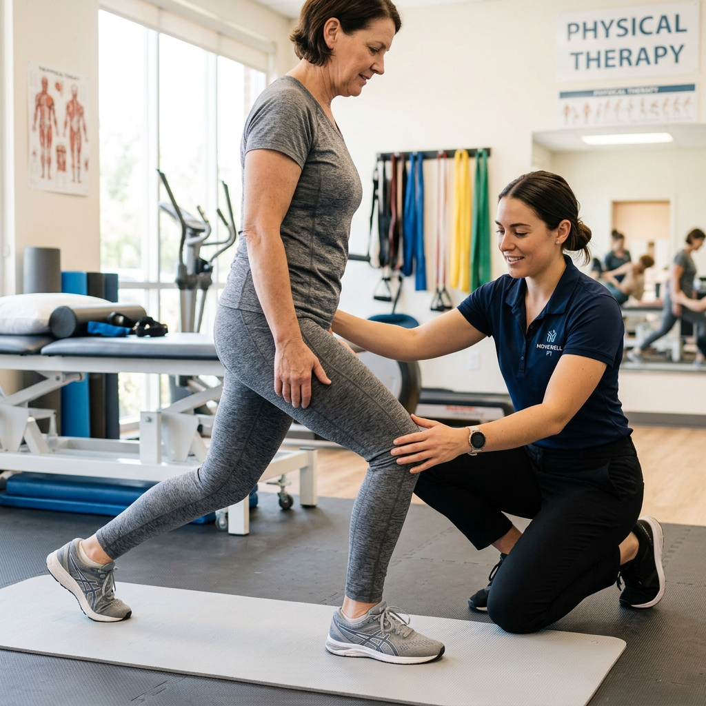 Physical therapist guiding woman through leg stretching exercise in clinic